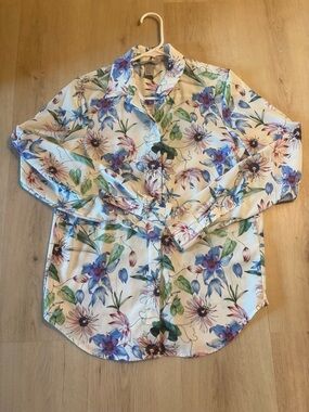 H&M White Floral Button-Up Blouse with Blue & Green Accents